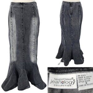 Vtg 90s Newport News Jeanology Womens 8 Trumpet Denim Maxi Skirt Mermaid Flare